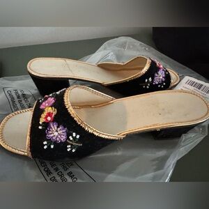 Vintage Black Velvet Colourful Beaded Open Toe Kitten Heels Sz 7